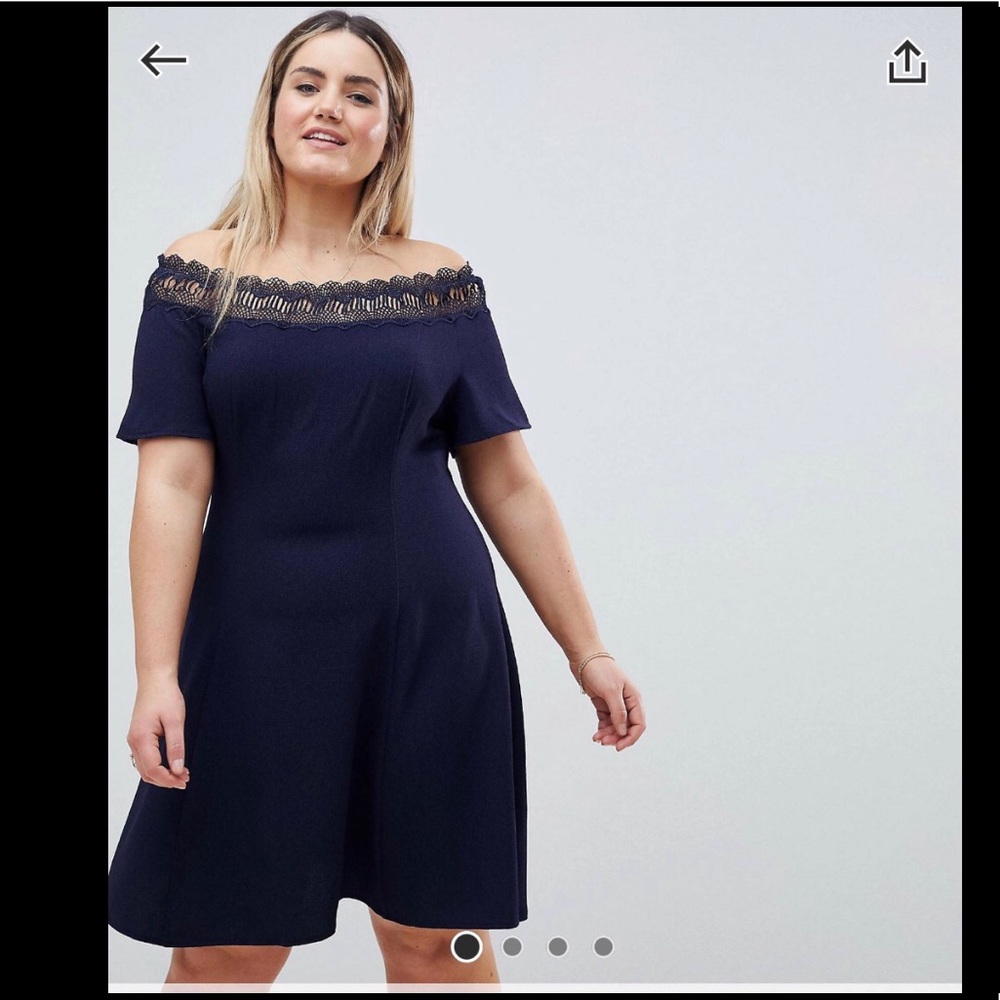 Lovedrobe Lace Trim Bardot Navy Skater Dress